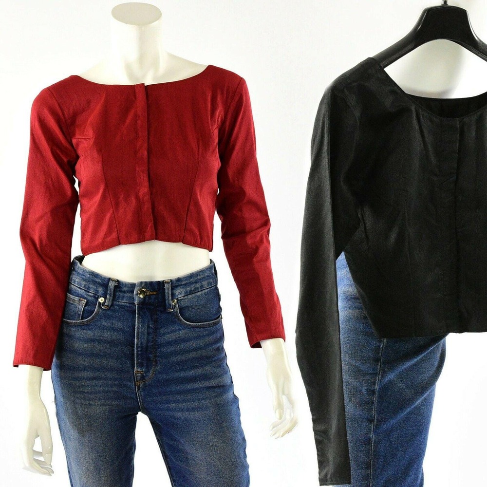 VTG Boat Neck Crop Top Women XS Black Red Shimmery Handmade Bracelet Blouse